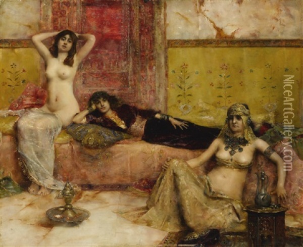 Waiting: Odalisques In An Interior Oil Painting - Maurice Bompard