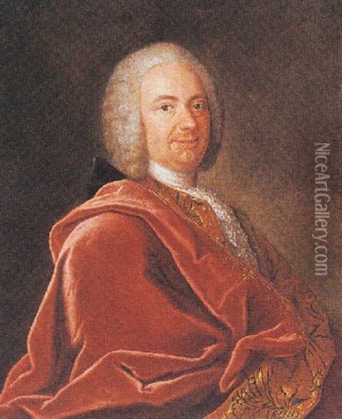 A Portrait Of A Gentleman Wearing A Red Coat, A White Lace Chabot And A Wig Oil Painting - Alexander Roslin