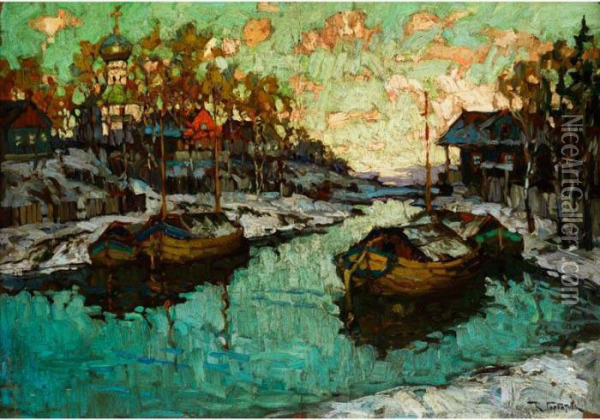 Lastkahne Am Flussufer Bei Sonnenuntergang Oil Painting - Konstantin Ivanovich Gorbatov