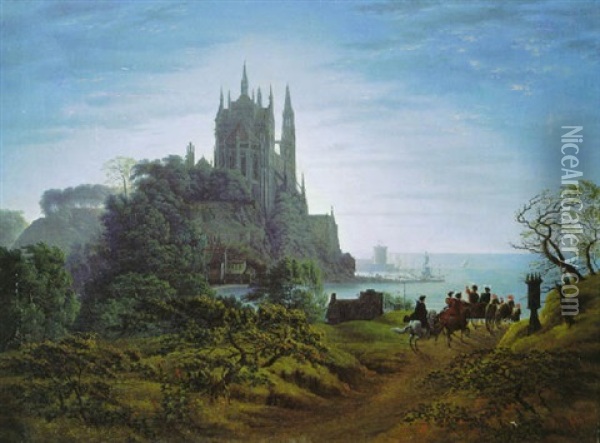 Ein Gotischer Dom Auf Einem Felsen Uber Dem Meer Oil Painting - Karl Friedrich Schinkel