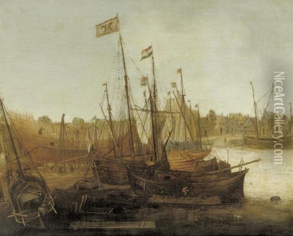 A Shipyard With Figures Building And Restoring Sailing Vessels Oil Painting - Abraham de Verwer