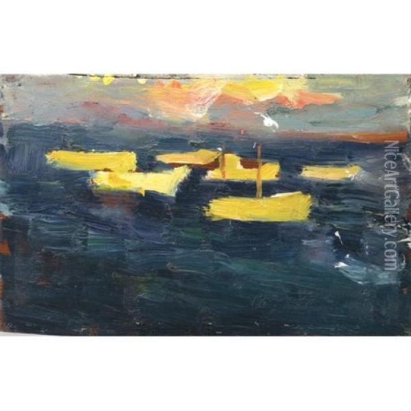 Yellow Boats Oil Painting - August Gay