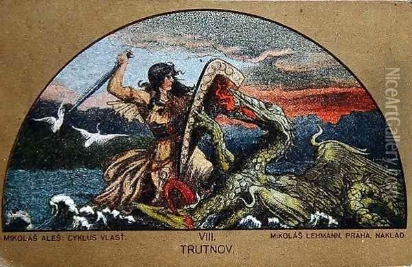 Postcard depicting the Knight Trut fighting the Dragon of the Rocks Oil Painting - Mikolas Ales