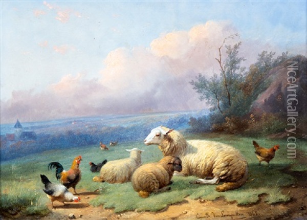 Ewe With Lambs And Chickens In A Meadow Oil Painting - Cornelis van Leemputten