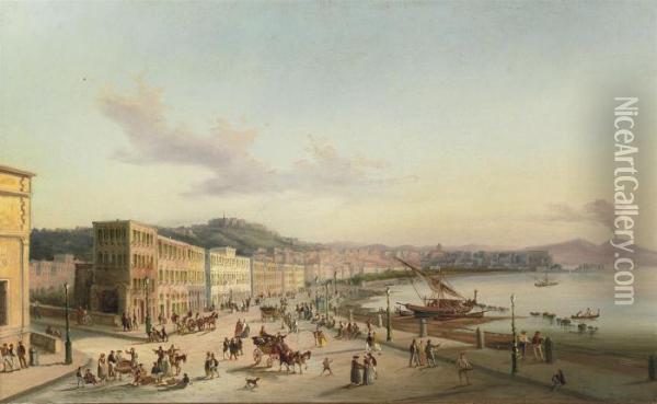 The Bay Of Naples With The Vesuvius Beyond Oil Painting - Giovanni Grubacs
