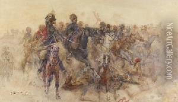 Russian Cavalry Attacking Turkish Artillery Oil Painting - Henry Charles Seppings Wright