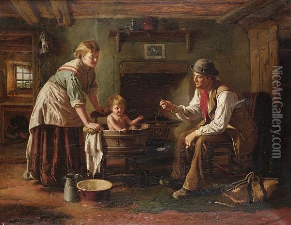 Baby's Bath Time Oil Painting - George Augustus Freezor