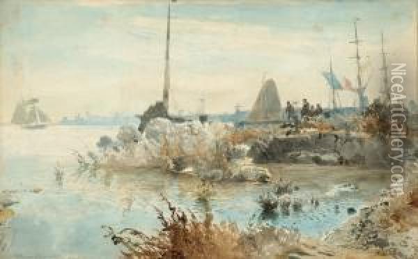 View Of An Inner Harbour Oil Painting - W.A. van Deventer