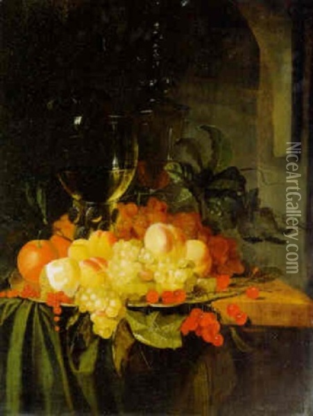 A Roemer, A Covered Glass And Fruit On A Plate On A Draped Table Oil Painting - Jacobus van der Hagen