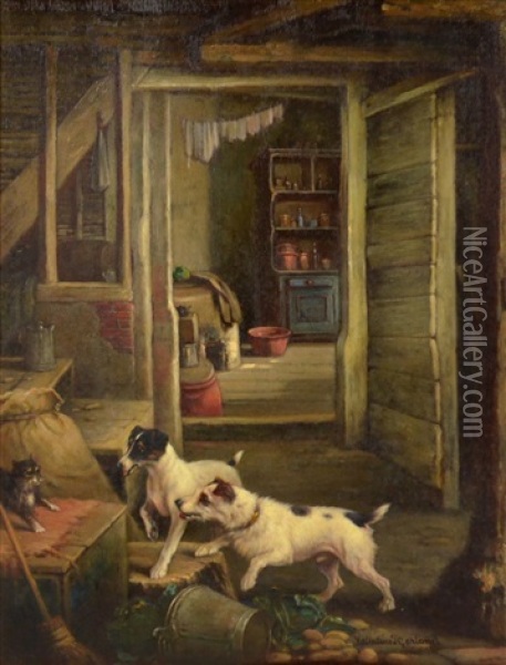 Jack Russell And A Further Russell Terrier Chasing A Cat In A Kitchen Scene Oil Painting - Valentine Thomas Garland