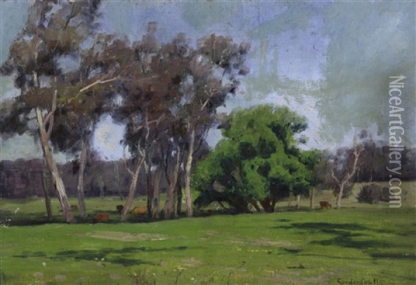 Cows Grazing Under Eucalyptus And Oaksm Adobe Home And Garden And Southwest Farm (3 Works) Oil Painting - Gordon Coutts