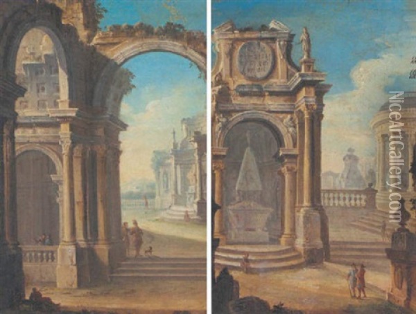 An Architechtural Capriccio With Figures Conversing Under An Archway Oil Painting - Gennaro Greco