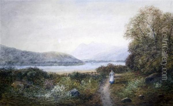 Landscape With Woman Beside A Loch Oil Painting - Lennard Lewis