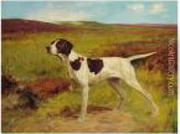 A Pointer In A Landscape Oil Painting - Thomas Blinks