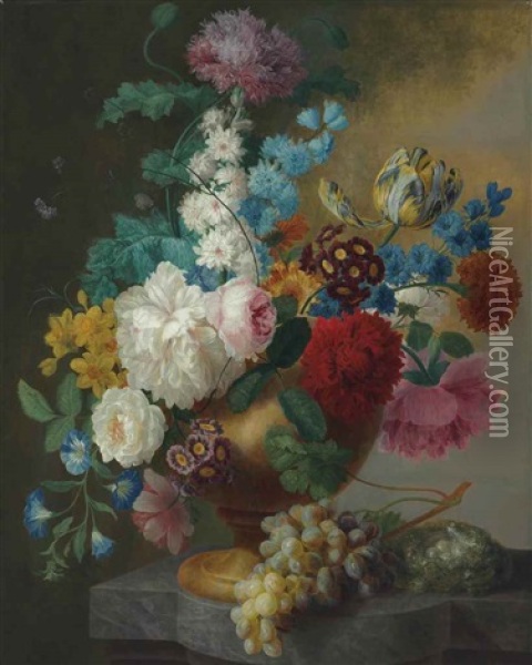 Roses, Daffodils, Morning Glory, A Parrot Tulip And Other Flowers In A Bronze Urn On A Marble Ledge, With A Butterfly, Ants, Grapes And A Bird's Nest Oil Painting - Pieter Faes