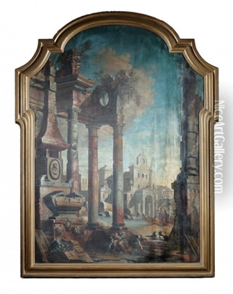 Capriccio Landscape With Classical Tombs Amid Ruins Oil Painting - Pietro Paltronieri