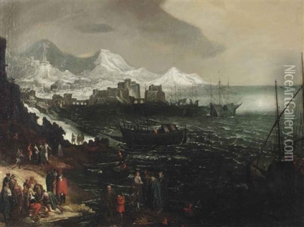 A Mediteranean Seascape With Shipping And Figures Along The Coast, A Harbour And A Mountainous Village Beyond Oil Painting - Marten van Valkenborch the Elder