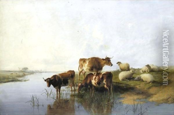 Cattle Watering 5 Oil Painting - Thomas Sidney Cooper