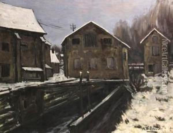 View Of A Canal And Mill In The Snow Oil Painting - Antoine Villard