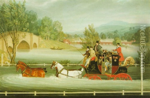 A Mail Coach In A Flood Near Shillingford Bridge, Berkshire Oil Painting - James Pollard