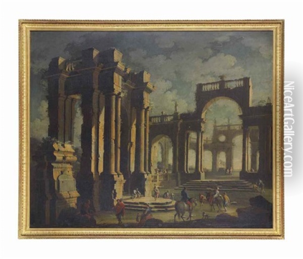 An Architectural Capriccio Of Figures Among Classical Ruins Oil Painting - Leonardo Coccorante