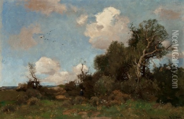 Peasant Woman Walking Through Landscape Oil Painting - Theophile De Bock