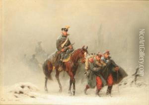Zwei Gefangene Und Ein Berittener Soldat Auf Einer Verschneiten Landstrase Oil Painting - Christian I Sell