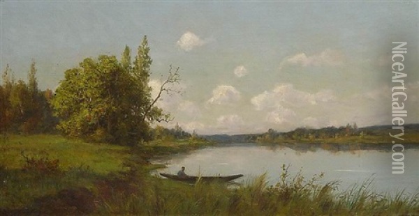 Sommerliche Fluslandschaft Mit Einem Angler In Seinem Boot Oil Painting - Adrien Schulz