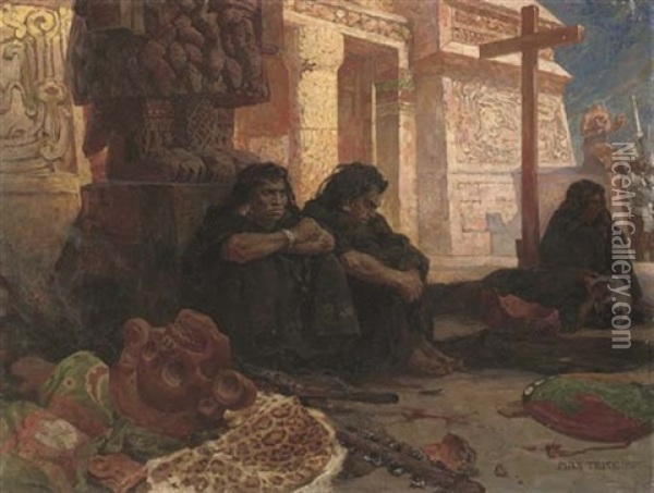 Aztecs By A Temple, With Conquistadors Beyond Oil Painting - Karl Max Tilke