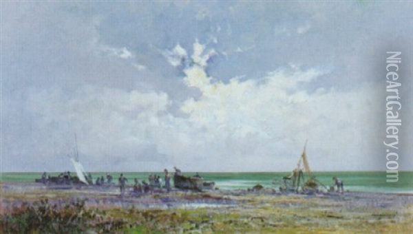 Pescatori E Barche Sulla Spiaggia Oil Painting - Cesare Gheduzzi