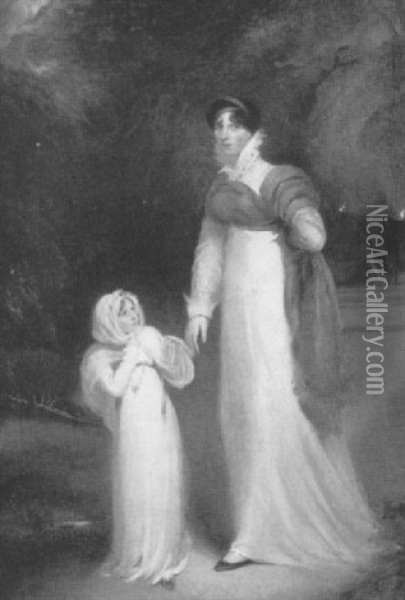 Portrait Of A Lady, Said To Be Mrs. Pierce, And Her         Daughter, Standing Small Full Length, In A Park Oil Painting - Sir William Beechey