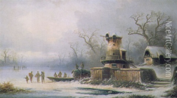 Figures On A Frozen River In A Winter Landscape Oil Painting - Coelestin Bruegner