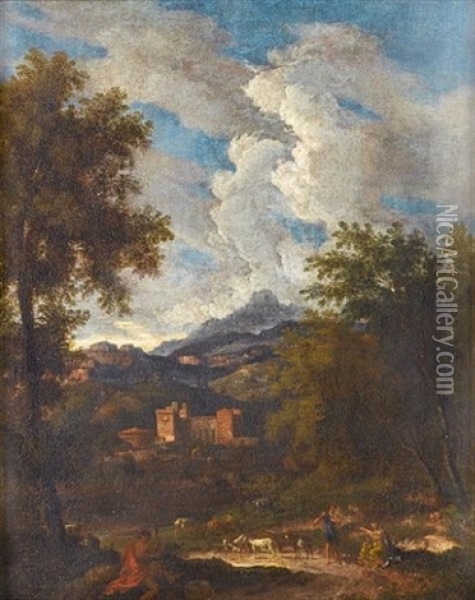 A Classical Landscape With A Goatherd And Travellers On A Track, A Monastery Beyond Oil Painting - Johannes (Jan) Glauber