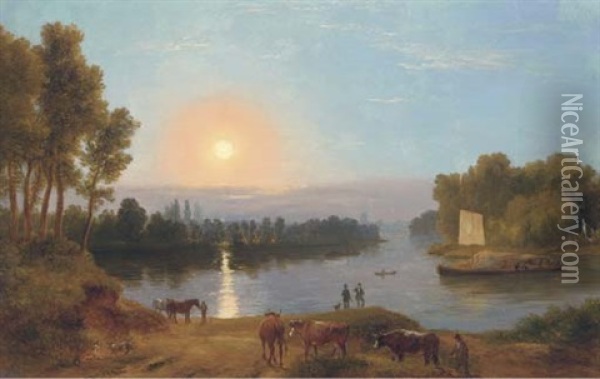 An Extensive River Landscape, With Figures And Cattle In The Foreground (on The River Thames?) Looking From Petersham Meadows Towards Richmond Bridge Oil Painting - Ramsay Richard Reinagle