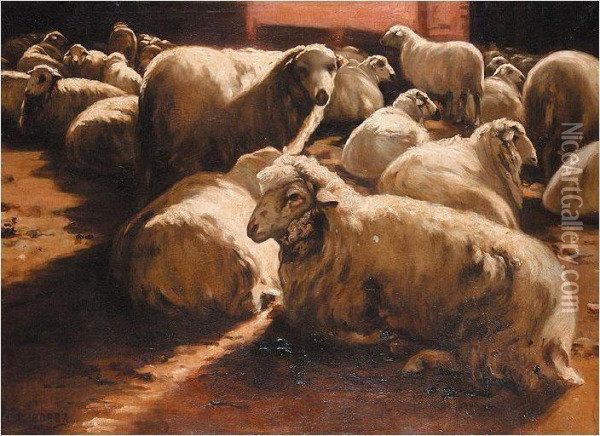 Sheep In A Barn Oil Painting - Lino Casimiro Iborra