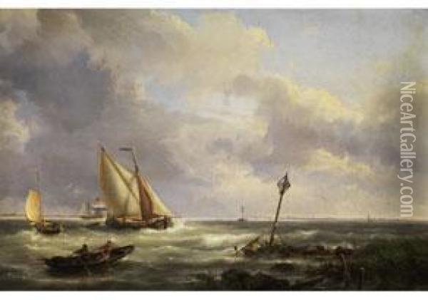 Segelschiffe Auf Bewegten Wogen Am Ufer Oil Painting - Hermanus Koekkoek