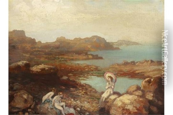 Woman And Children On The Seashore Oil Painting - George Russell