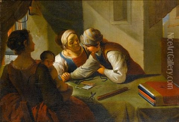 A Lady Visiting A Tailor's Workshop With Her Child (+ An Interior With Two Ladies, And A Young Boy Eating And Drinking; Pair) Oil Painting - Giacomo Francesco Cipper