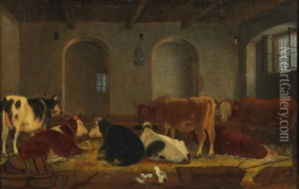 Cows And Cats In The Barn Oil Painting - Michael Neder