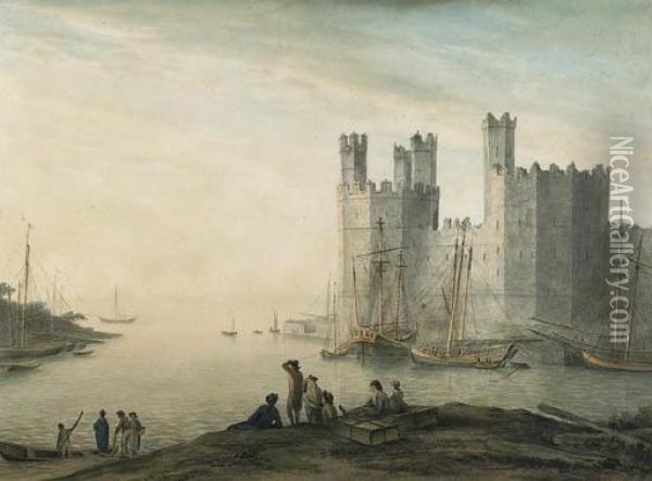 Caernarvon Castle, With Boats And Figures In The Foreground Oil Painting - John Glover