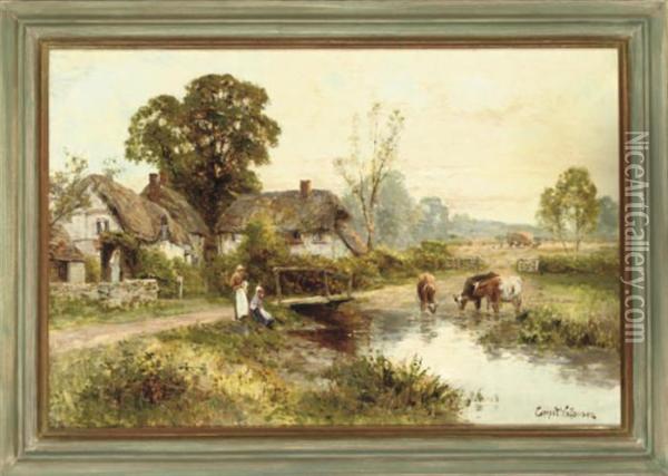 Cottages Beside A River Oil Painting - Ernst Walbourn