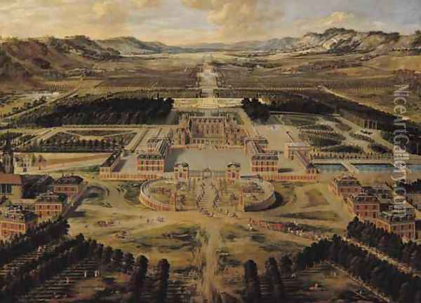 Perspective view of the Chateau, Gardens and Park of Versailles seen from the Avenue de Paris, 1668 Oil Painting - Pierre Patel