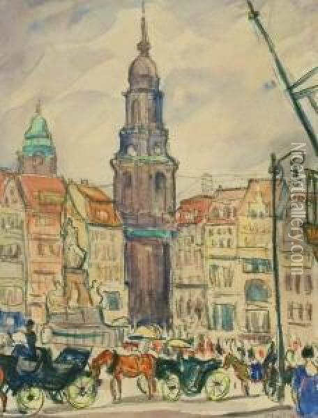 Belebter Marktplatz, Mit Kutschen Und Personen Oil Painting - Otto Weil