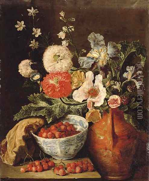 Wild strawberries in a blue and white porcelain bowl, carnations, irises, and other flowers in an earthenware jug on a stone ledge Oil Painting - Pieter Snyers