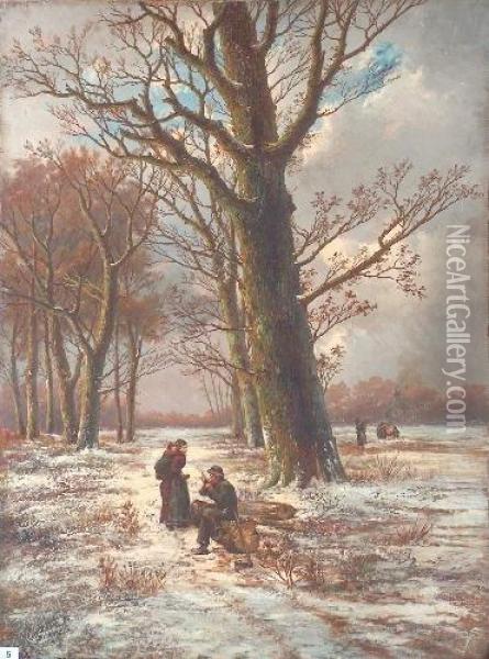 A Winter Scene With Figures In The Foreground Oil Painting - Hendrik Pieter Koekkoek