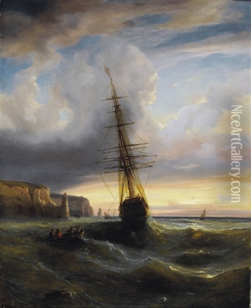 Felsige Meereskuste Mit Segelschiff Im Abendrot Oil Painting - Alexandre Calame