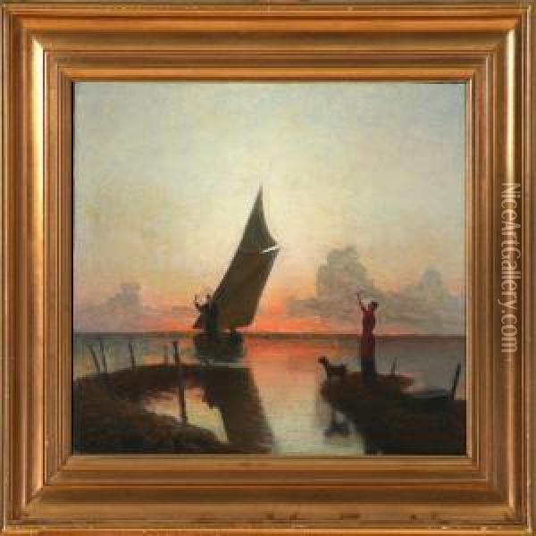 Saying Goodbye At Sunset Oil Painting - Hans Ole Brasen