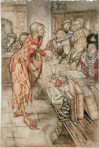 In did come the strangest figure, illustration from The Pied Piper of Hamelin, by Robert Browning Oil Painting - Arthur Rackham