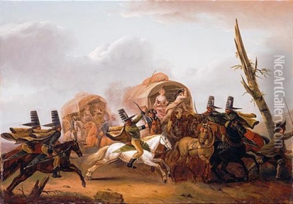 A Caravan Attacked By The Cavalry Oil Painting - Nicolas-Louis-Albert Delerive