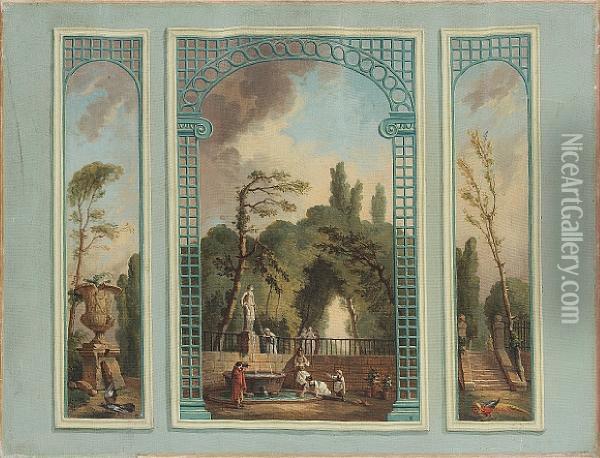 A Tromp L'oeil Showing Figures By Afountain Oil Painting - Jean-Honore Fragonard